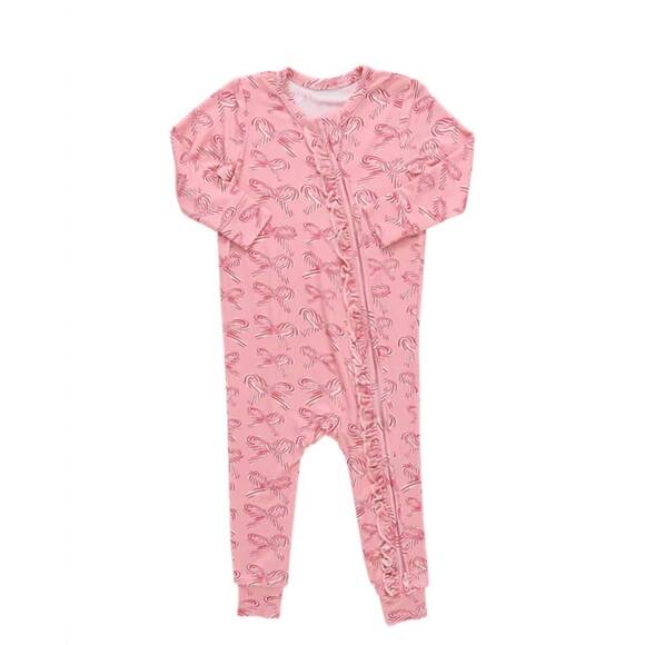 NEW PINK CHICKEN kid's ruffle bamboo romper in candy cane bows
